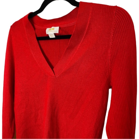 ANTHROPOLOGIE Maeve Ribbed Thea V-Neck Sweater Red Small Tight Knit - Picture 3 of 6